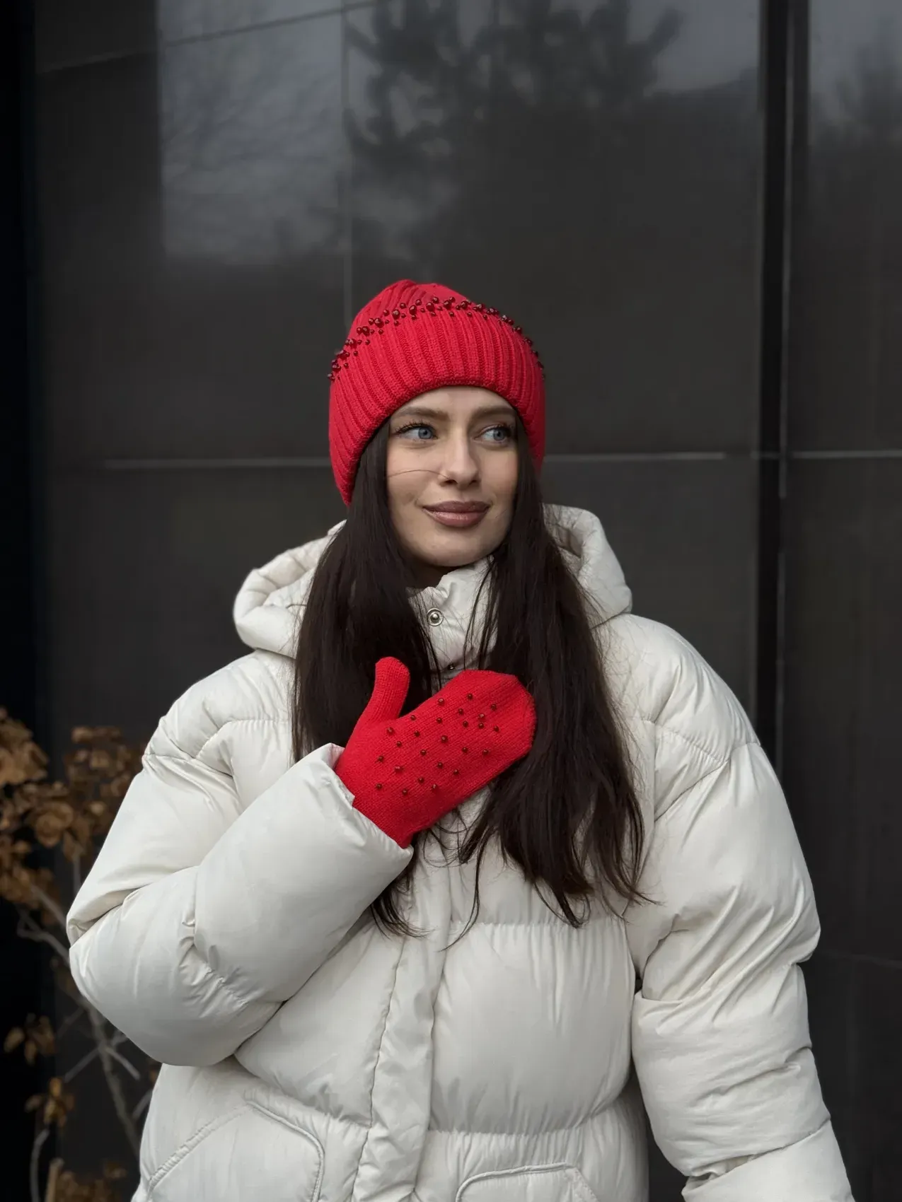 Комлект шапка+рукавички з розсипом, червоний