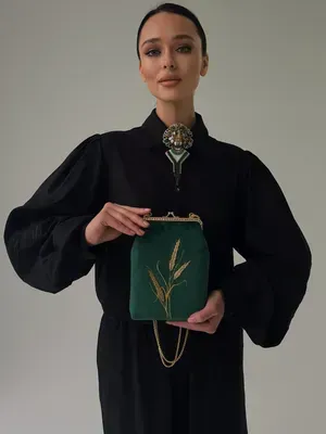 Сумочка оксамитова "Золоте колосся" з канітеллю, смарагдова, мала — photo 4