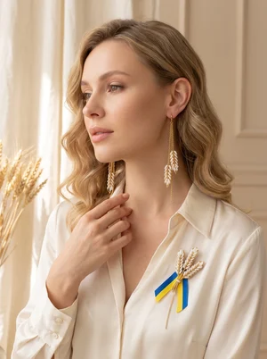 Ensemble Broche "Épis" avec ruban, doré + Boucles d'oreilles "Épis" blanc-or avec perles