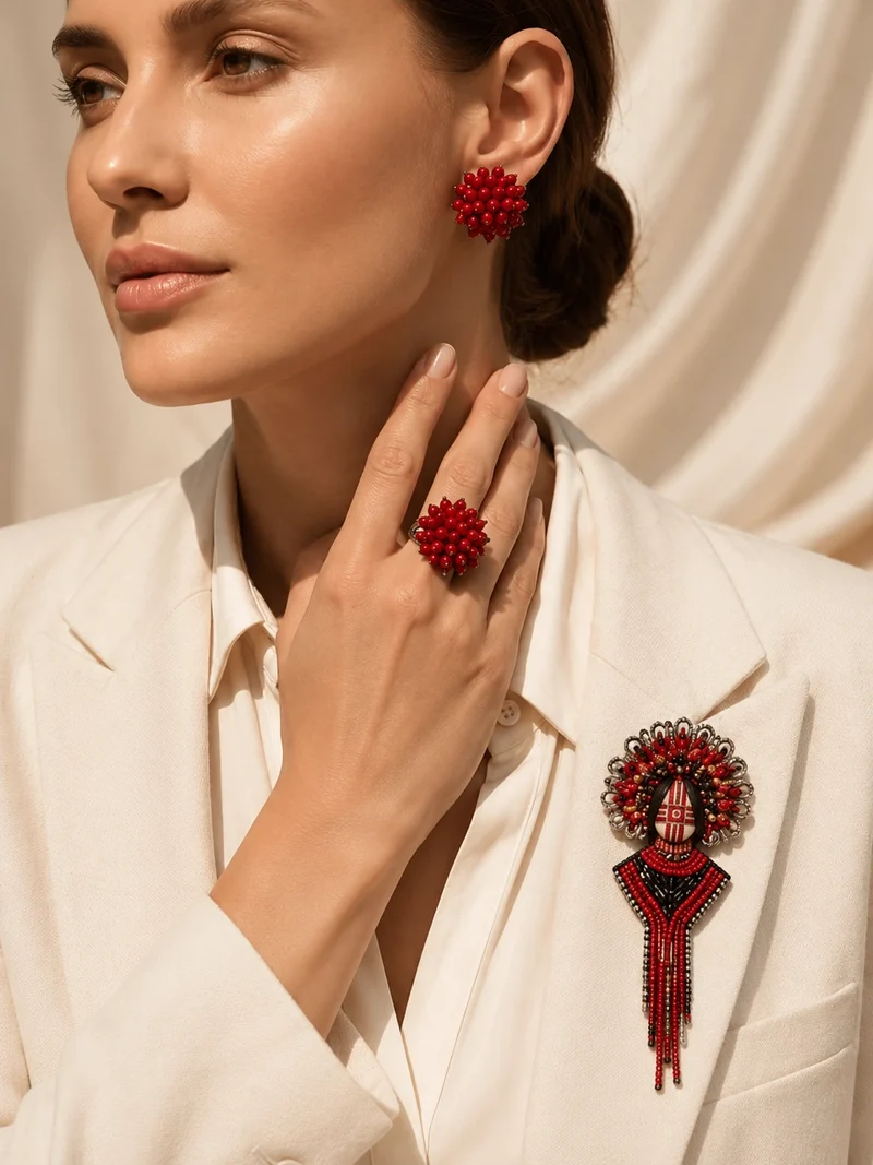 Set Brooch - motanka "Princess" + earrings + ring "Rowan"