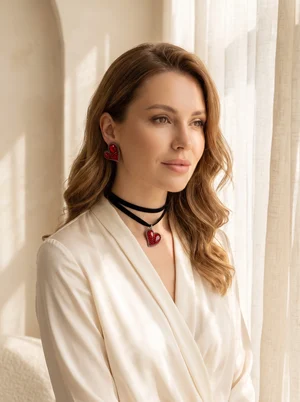 Комплект сережки та чокер "Сердечко" з кришталю, червоне — photo 1
