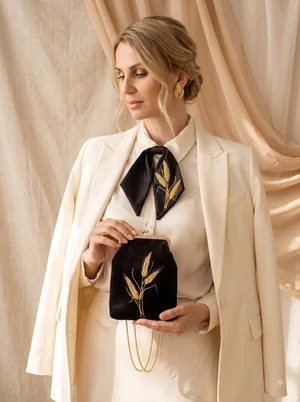Ensemble Petit sac en velours "Épis d'or" noir + Broche-cravate "Épi" + Boucles d'oreilles "Épis"