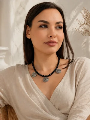 Black agate necklace with "Living Circle" beads