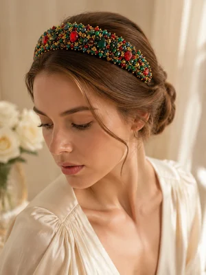 Wide "Alexandra" headband, golden-red emerald