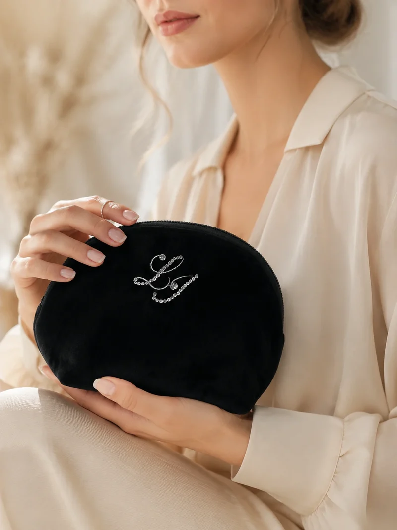 Petite trousse de maquillage en velours, noire