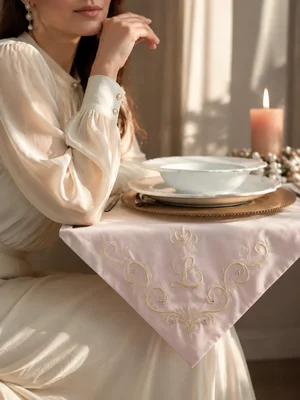 Serviette velours avec lettre Monogramme brodée (rose poudré)