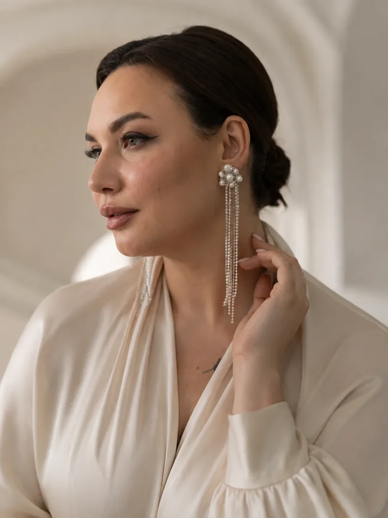 Сережки «Pearl» з срібним ланцюжком та ланцюжком з перлинками — Сережки