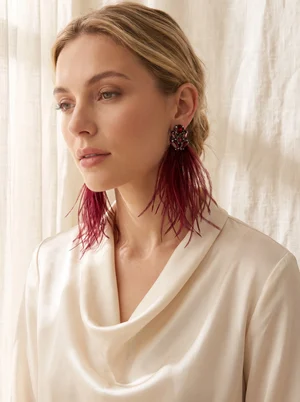 Feather and Stone Earrings, dusty rose