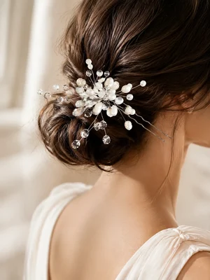 Hair pin with natural pearls and crystal, silver