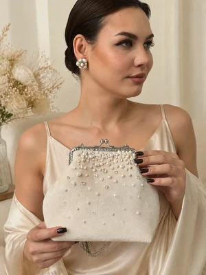 Velvet clutch with pearl and crystal scatter, ivory