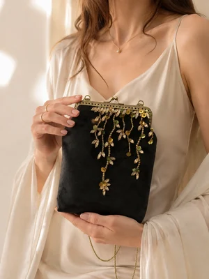 Velvet Bag "Branch", green-champagne