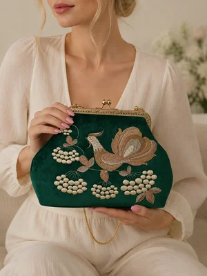 Velvet Bag "Rooster", Emerald