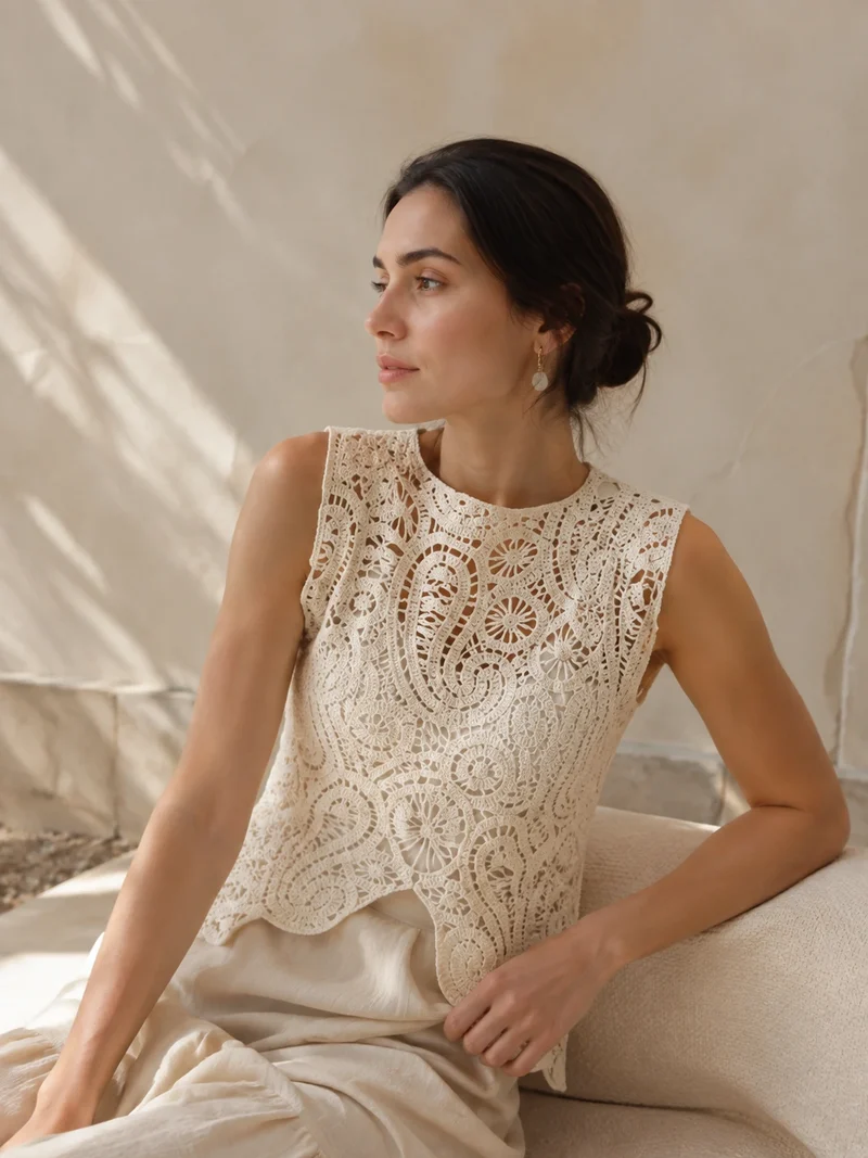 Top en macramé , crème