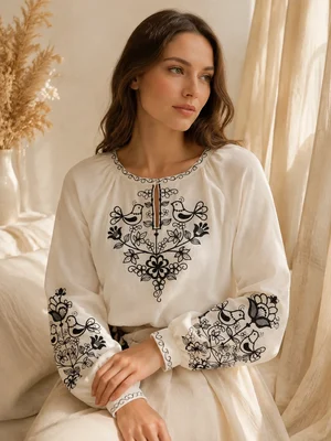 Linen Vyshyvanka "Tree of Life", warm white with black