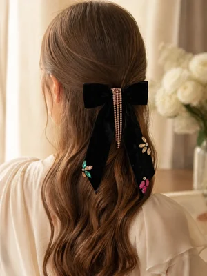 Bow Hair Clip with Rhinestone Chains and Crystal